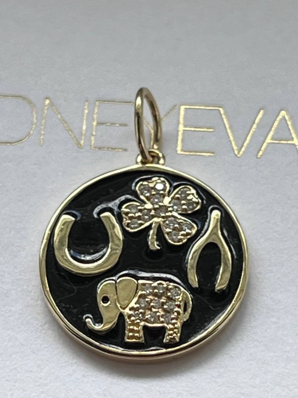 Sydney Evan 14K Gold Diamond Black Enamel Luck Symbols Tableau Charm Pendant
